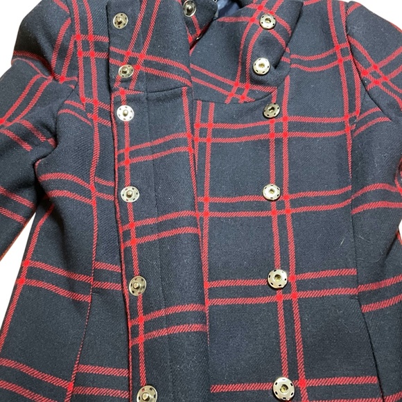 H&M Wool Blend Plaid Navy and Red Funnel Neck Blazer Snap Closure Belt Loops 4 - Picture 8 of 11